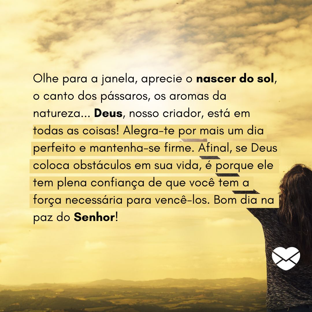 'Olhe para a janela, aprecie o nascer do sol, o canto dos pássaros, os aromas da natureza... Deus, nosso criador, está em todas as coisas! Alegra-te por mais um dia perfeito e mantenha-se firme...' - Mensagem de bom dia de Deus