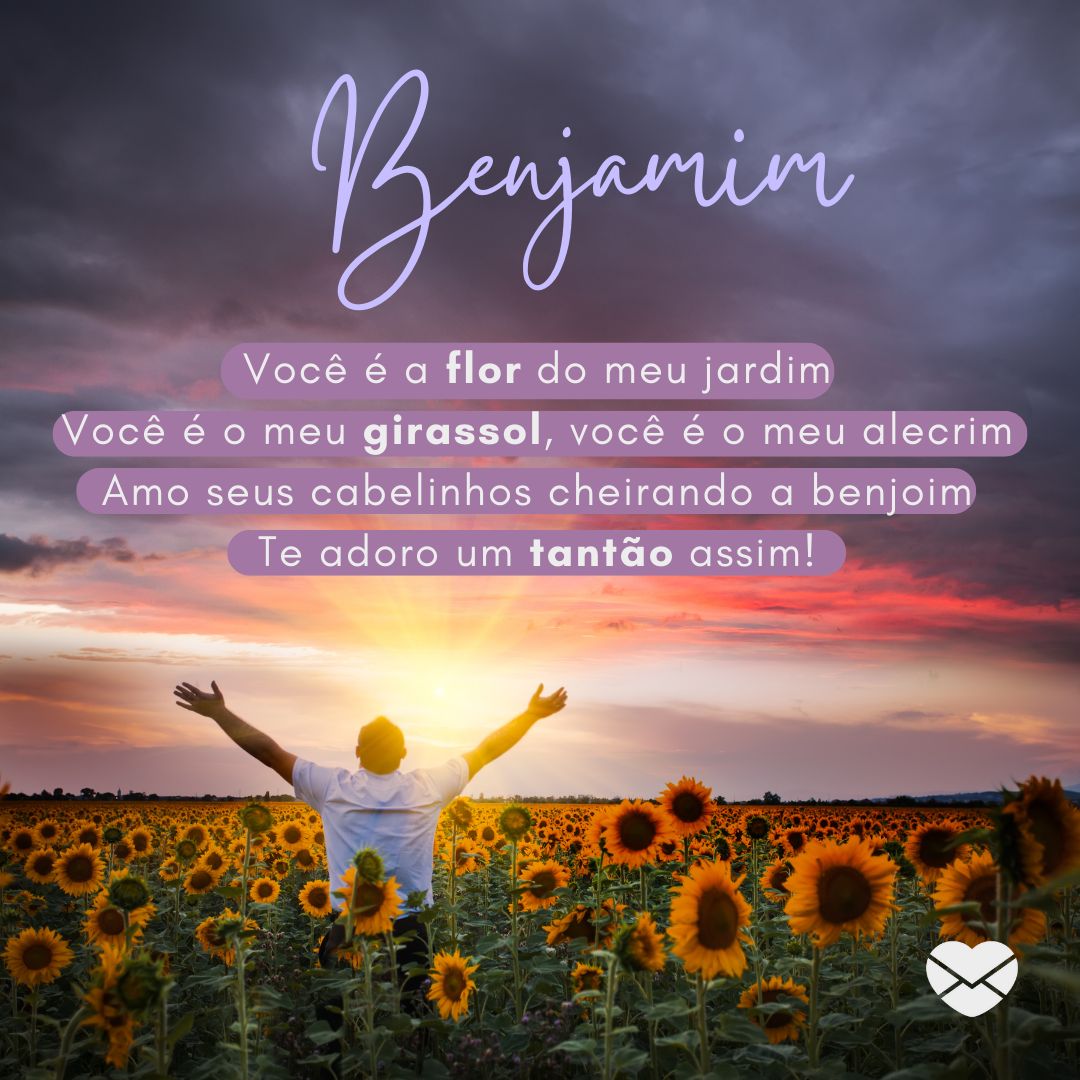 'Benjamim, você é a flor do meu jardim Você é o meu girassol, você é o meu alecrim Amo seus cabelinhos cheirando a benjoim Te adoro um tantão assim!' - Significado do nome Benjamim