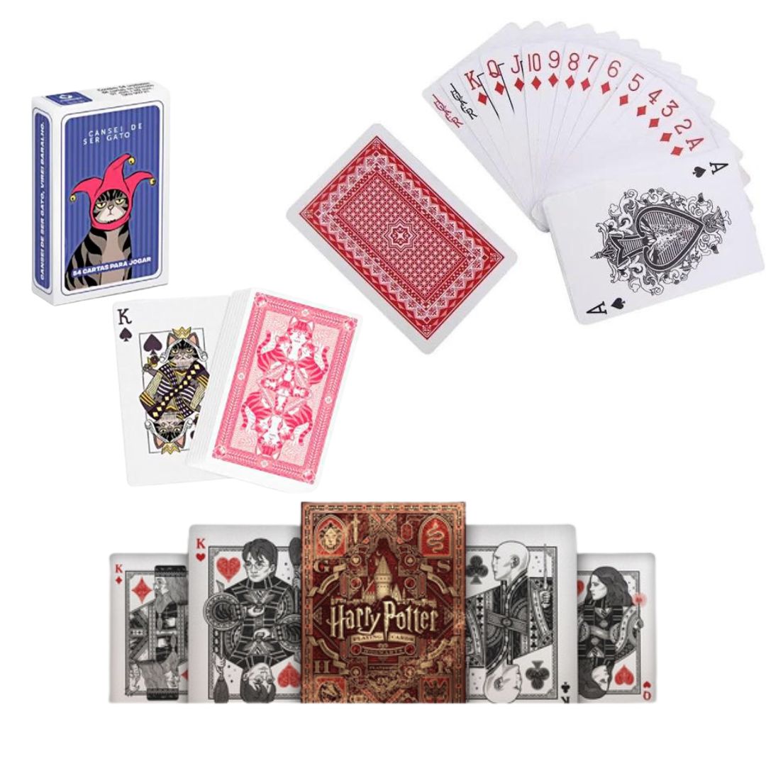 Kit de baralho com cartas padrão, personalizadas com gatos e do Harry Potter.