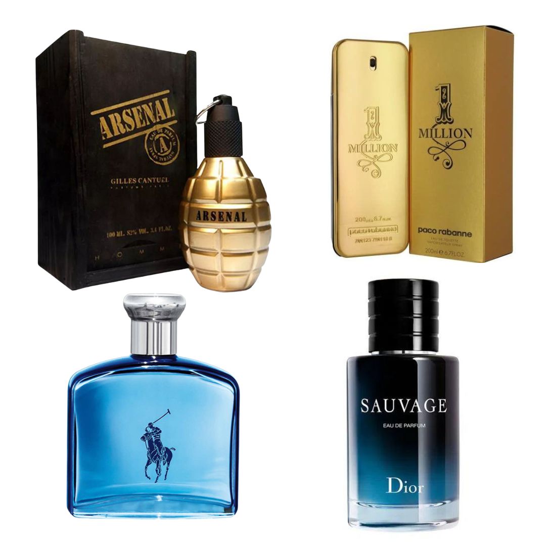 Vários perfumes masculinos, entre eles, 1 Million, Sauvage Dior, Polo Ultra Blue e Arsenal Gold