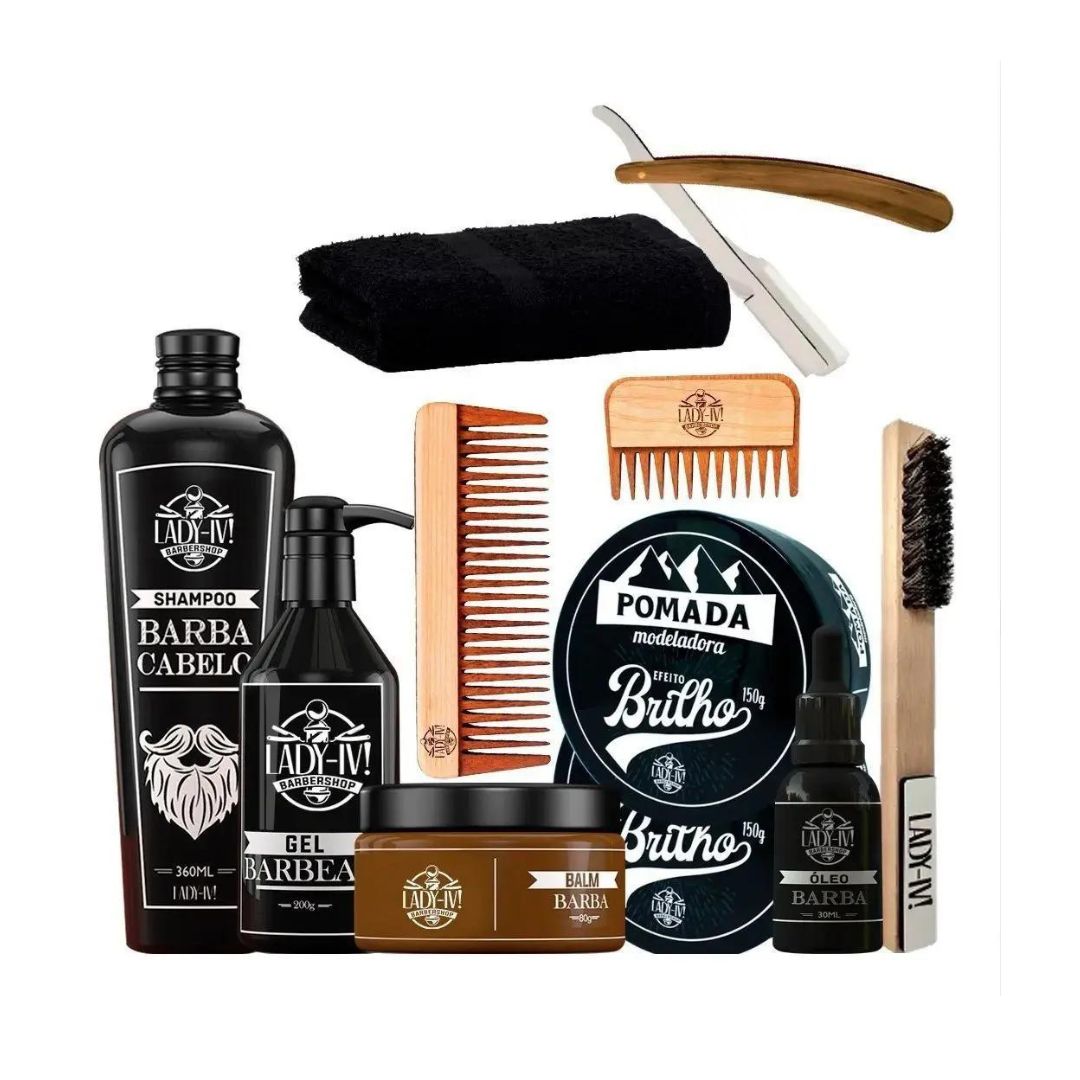 Kit de barbearia com navalha, shampoo, gel, pomada, entre outros.