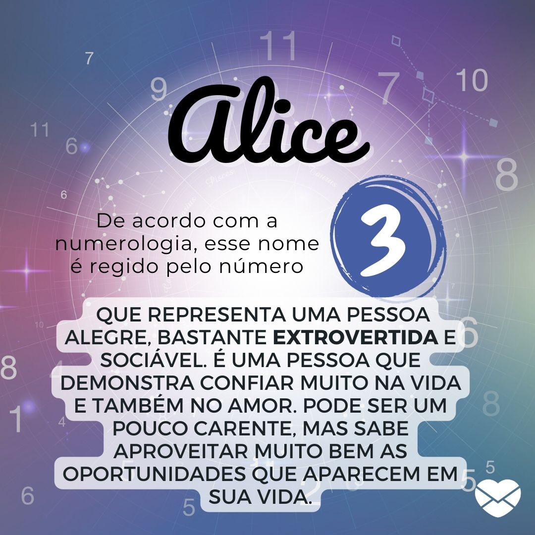 Alice, De acordo com a Numerologia, esse nome é regido pelo número 3,  que representa uma pessoa alegre, bastante extrovertida e sociável. É uma pessoa que demonstra confiar muito na vida e também no amor. Pode ser um pouco carente, mas sabe aproveitar muito bem as oportunidades que aparecem em sua