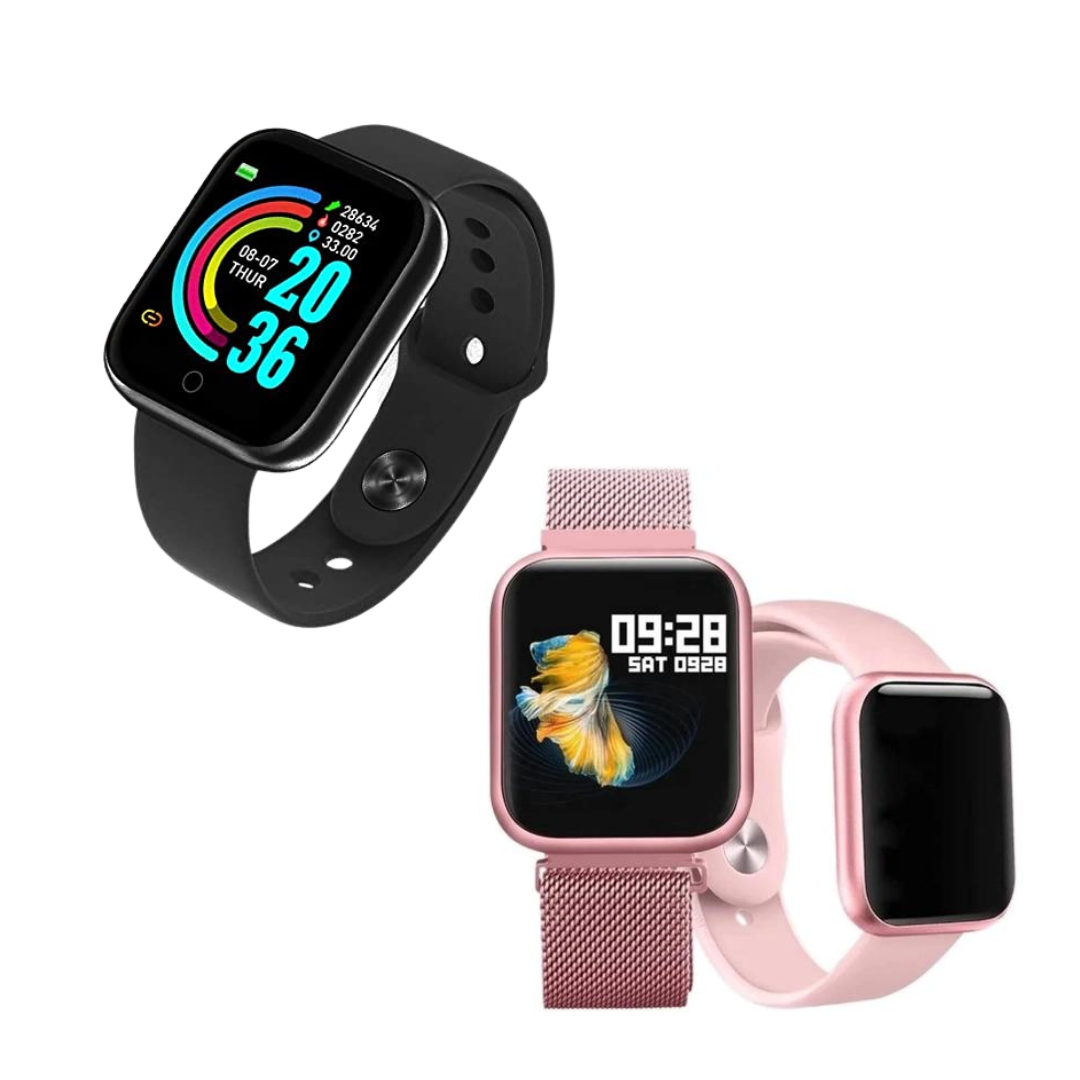Smartwatch nas cores preto e rosa.