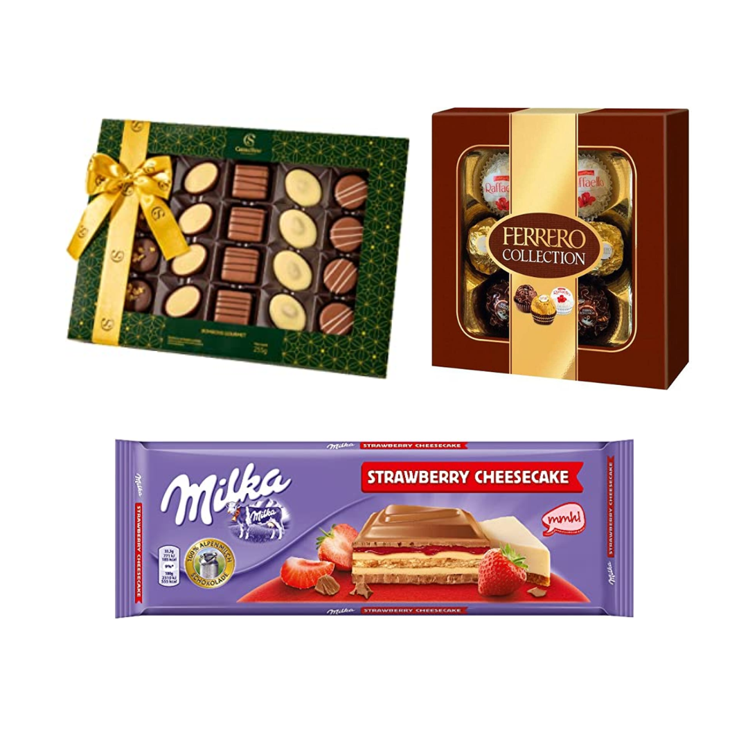 Chocolates de tipos variados, entre eles: bombons da Cacau Show, Ferrero Collection e barra de chocolate Milka, morango.