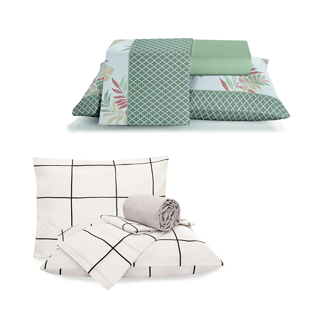 Kit roupa de cama nas cores verde, com estampa floral e outro branco com estampa linear.