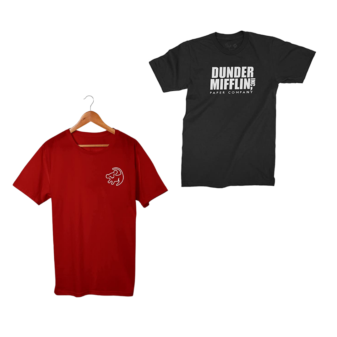 Camiseta preta da Dunder Mifflin (The Office) e Simba (Rei Leão).