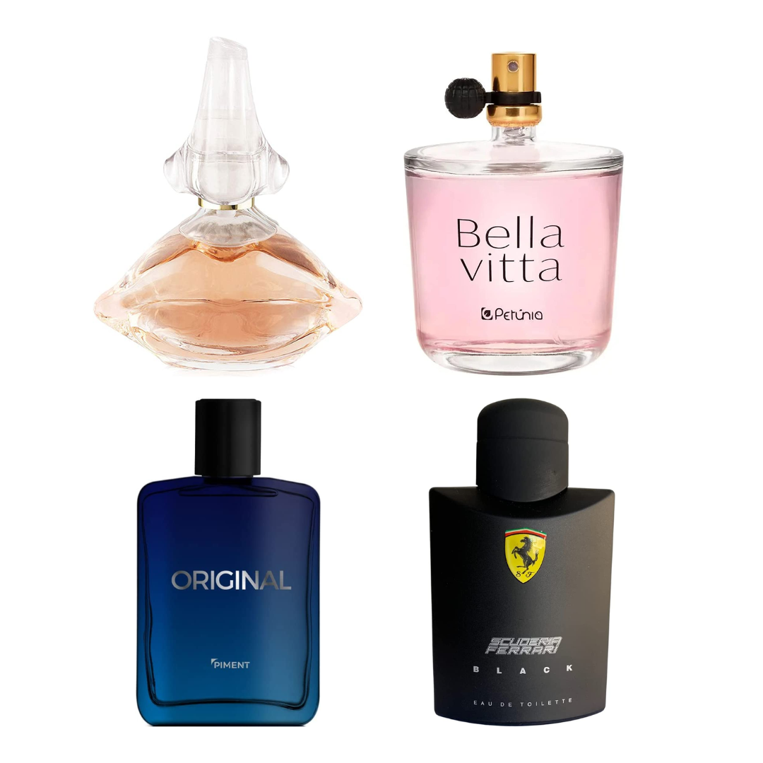 Frascos de perfumes masculinos e femininos.