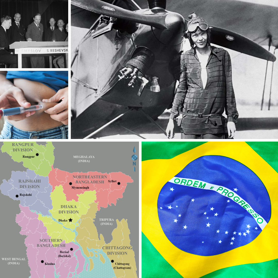 Primeiro campeonato mundial de xadrez, mulher se aplicando insulina, Amelia Earhart em frente ao avião, mapa de Bangladesh e bandeira do Brasil