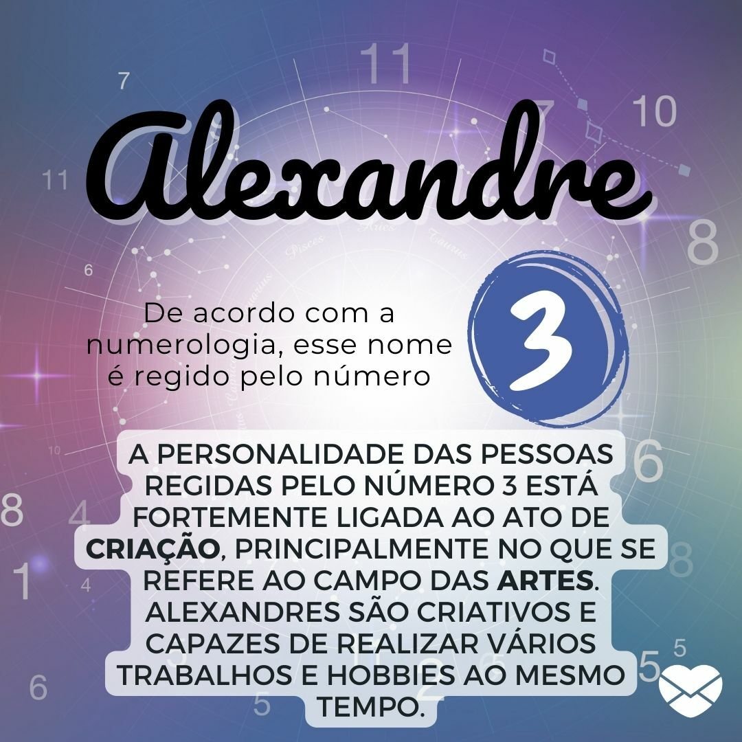 'Alexandre, de acordo com a numerologia, esse nome é regido pelo número 3. A personalidade das pessoas regidas pelo número 3 está fortemente ligada ao ato de criação, principalmente no que se refere ao campo das artes. Alexandres são criativos e capazes de realizar vários trabalhos e hobbies ao mesm