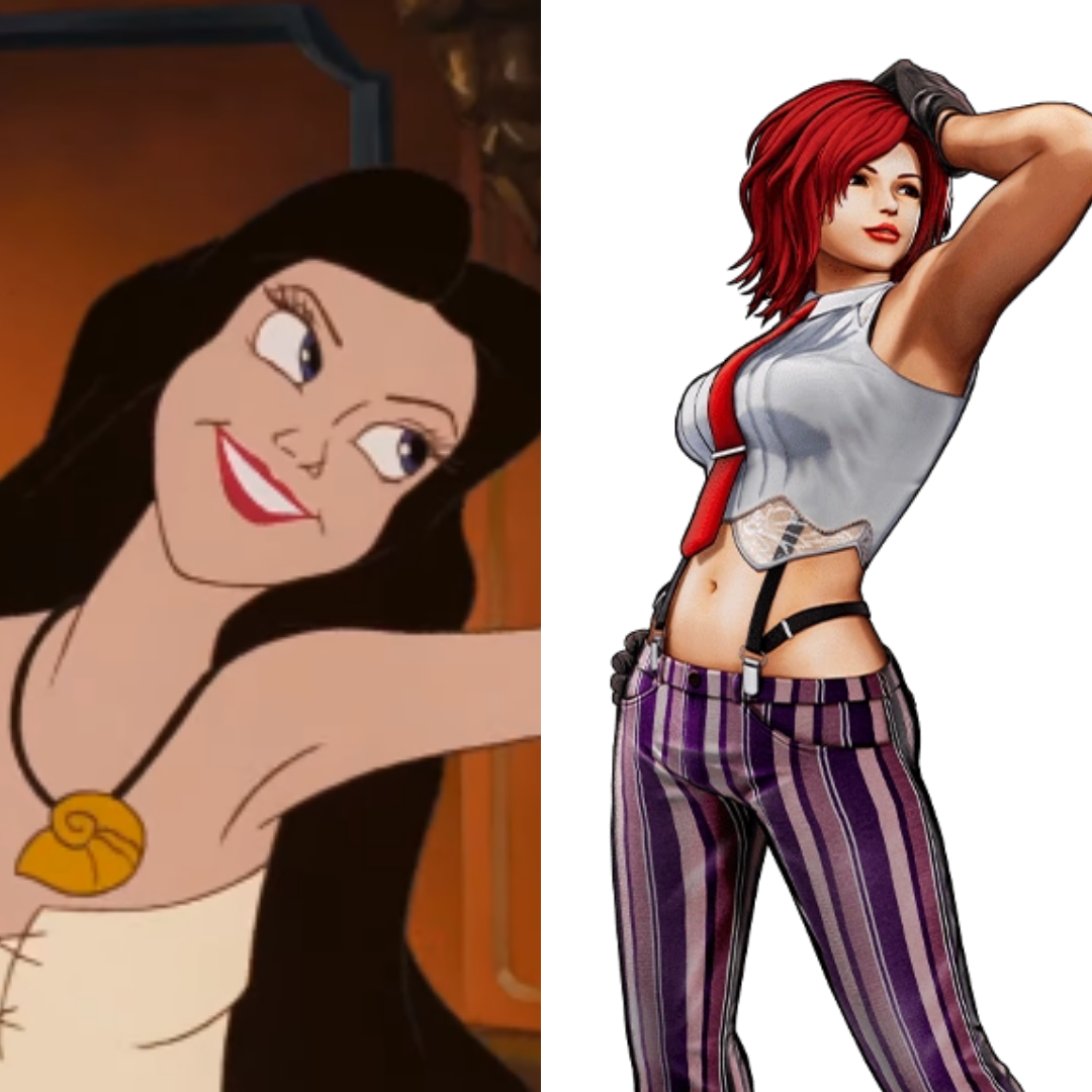 Personagem Vanessa de A pequena sereia sorrindo e personagem Vanessa da franquia The King Of Fighters.