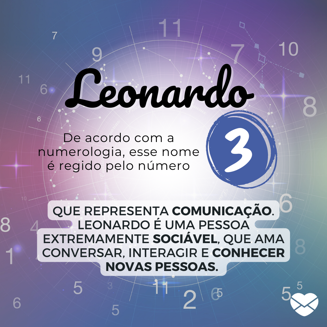 'Leonardo. De acordo com a numerologia, esse nome é regido pelo número 3. que representa comunicação. Leonardo é uma pessoa extremamente sociável, que ama conversar, interagir e conhecer novas pessoas. ' - Significado do nome Leonardo