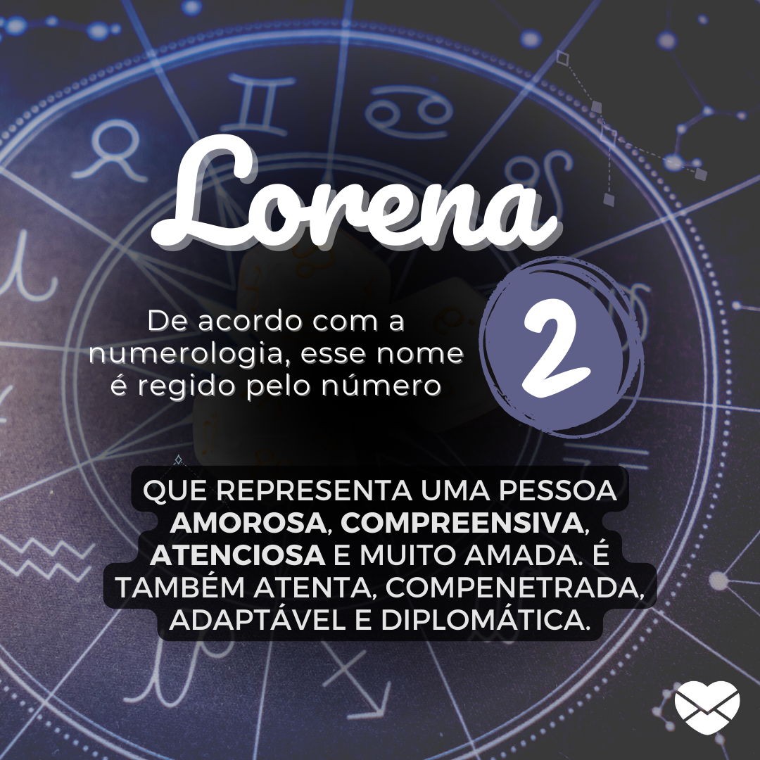 'Lorena. De acordo com a numerologia, esse nome é regido pelo número 2. que representa uma pessoa amorosa, compreensiva, atenciosa e muito amada. É também atenta, compenetrada, adaptável e diplomática.' - Significado do nome Lorena