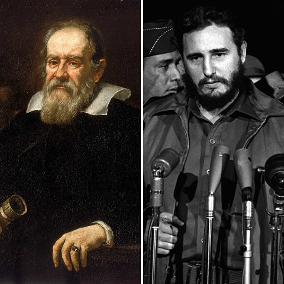 Foto preto e branca de Fidel Castro e pintura de Galileu