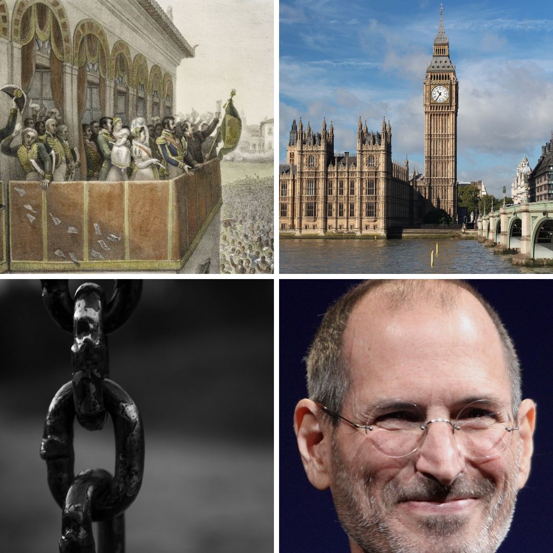 Dia do Fico, Londres, Correntes representando a escravidão e Steve Jobs