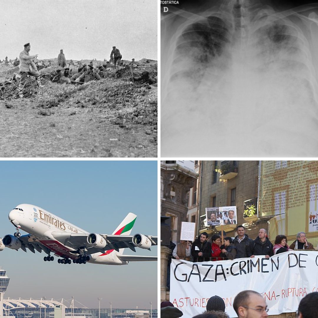 Primeira Guerra Balcânica, pulmão infectado com a bactéria da legionelose, Airbus A380 e protestantes reclamando da Guerra de Gaza e dos crimes ocorridos nela