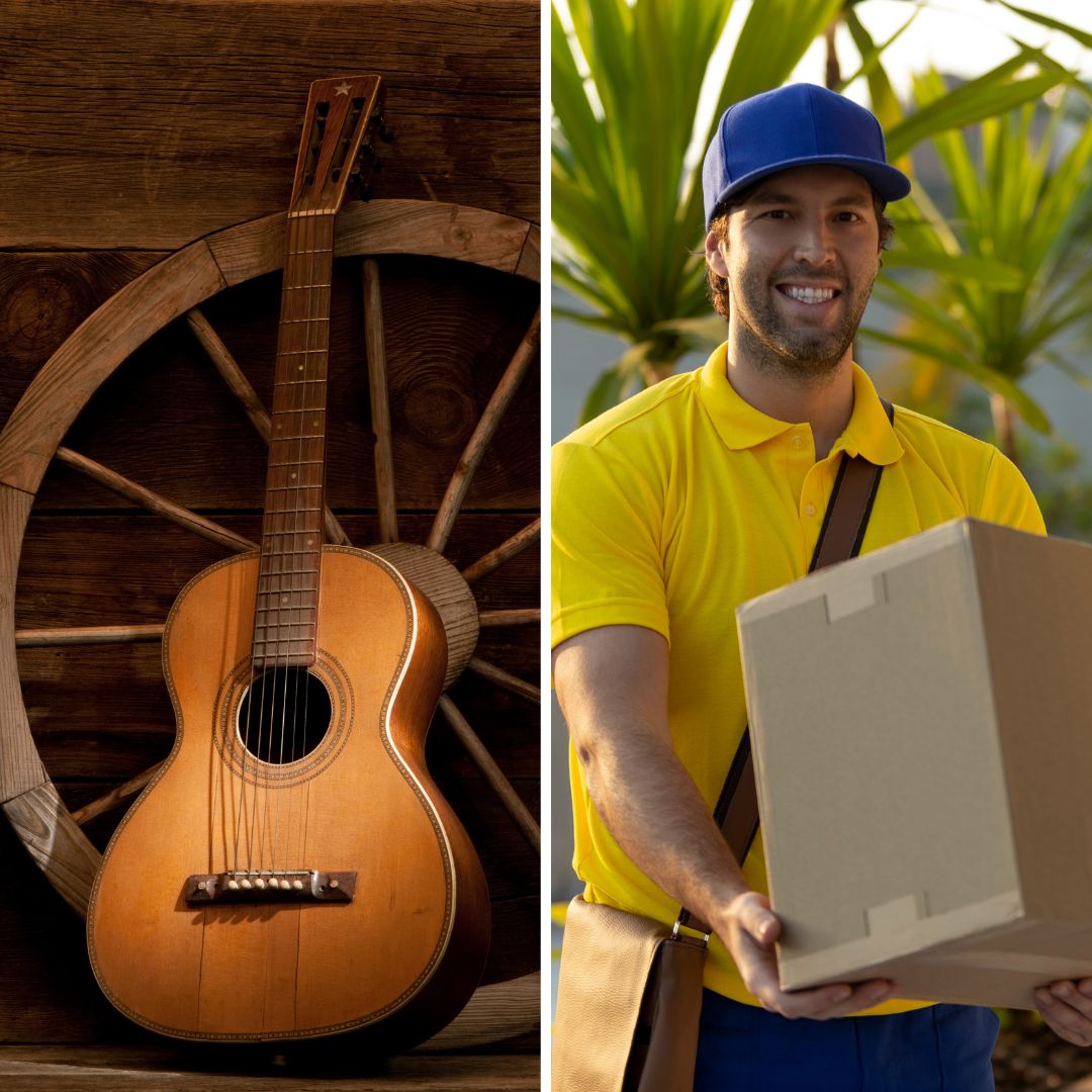 Um grid de imagens: um violão a esquerda e um carteiro a direita.
