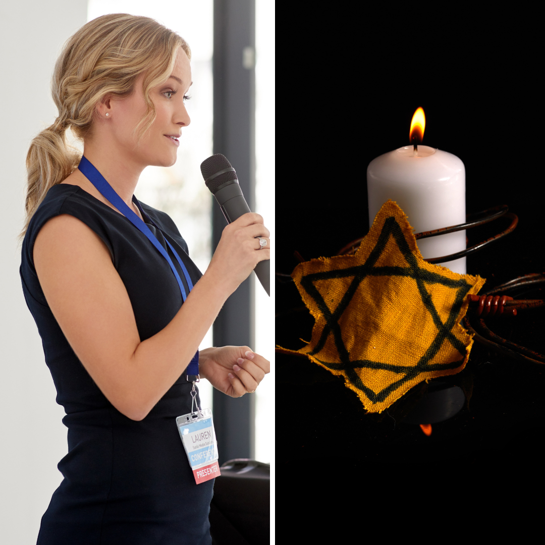 Mulher loira falando em palestra e vela acesa com uma estrela de uniforme dos judeus.