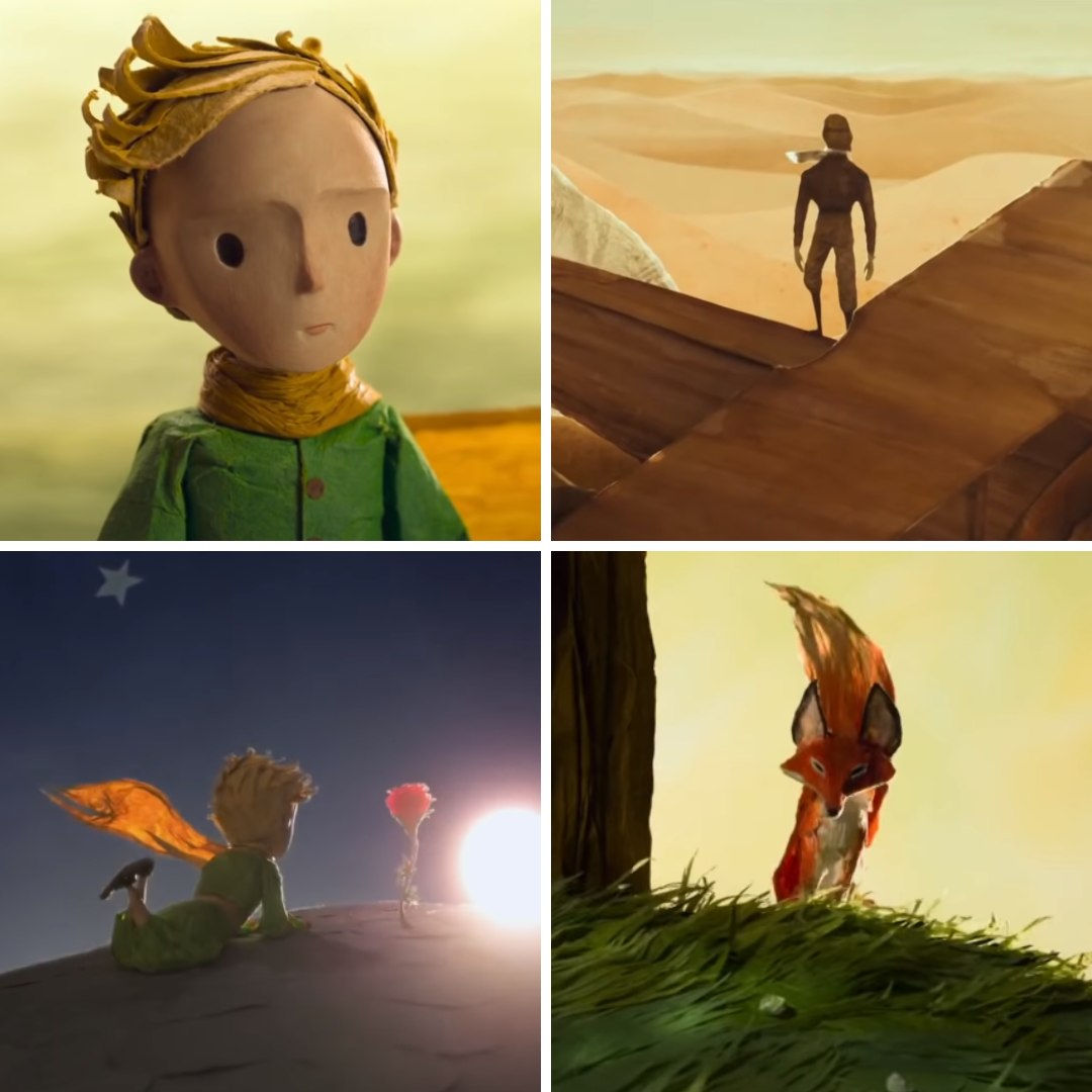Personagens do Filme O Pequeno Príncipe: Príncipe, Aviador, Flor e Raposa.
