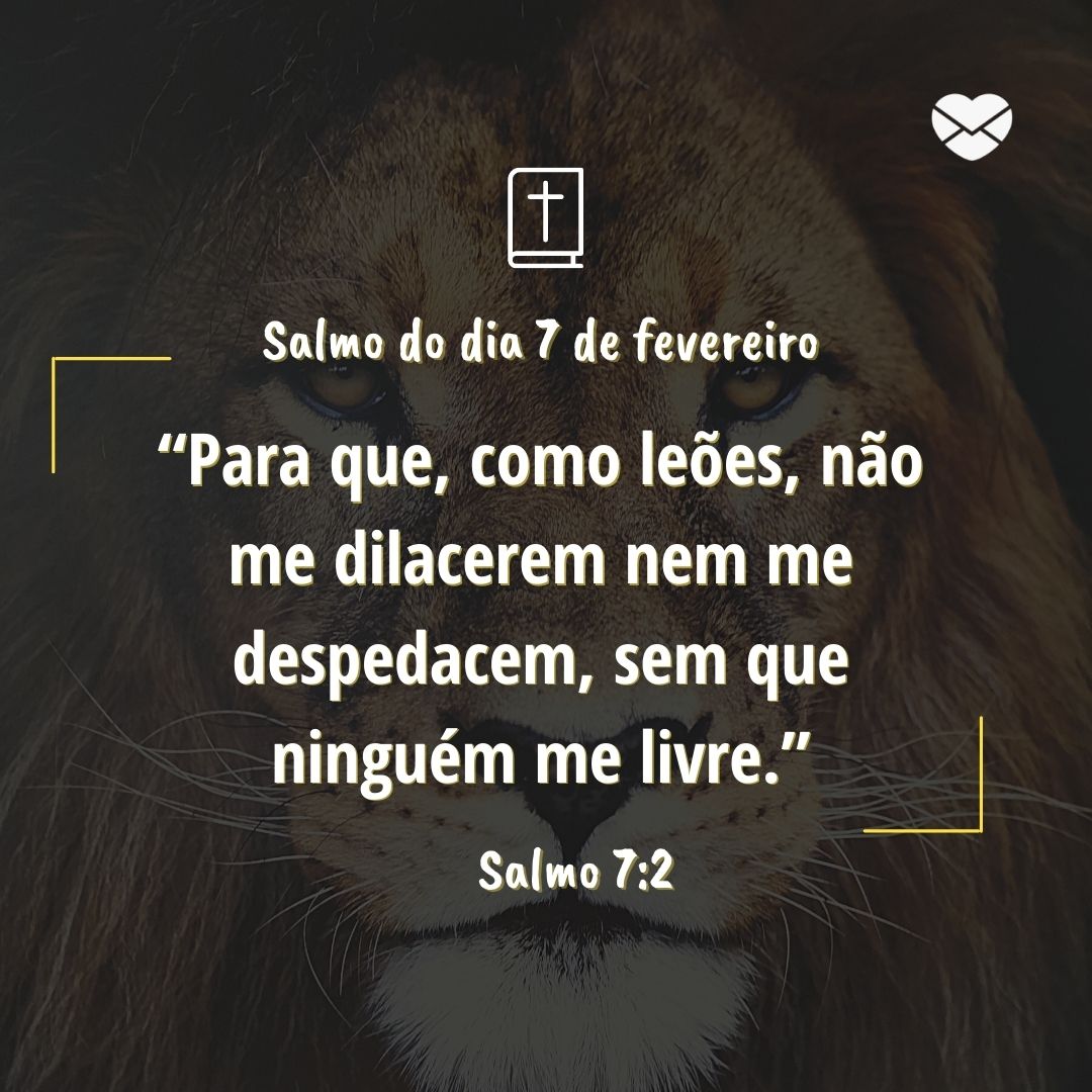 'Salmo do dia 7 de fevereiro  “para que, como leões, não me dilacerem nem me despedacem, sem que ninguém me livre.” Salmo 7:2'- 7 de fevereiro.