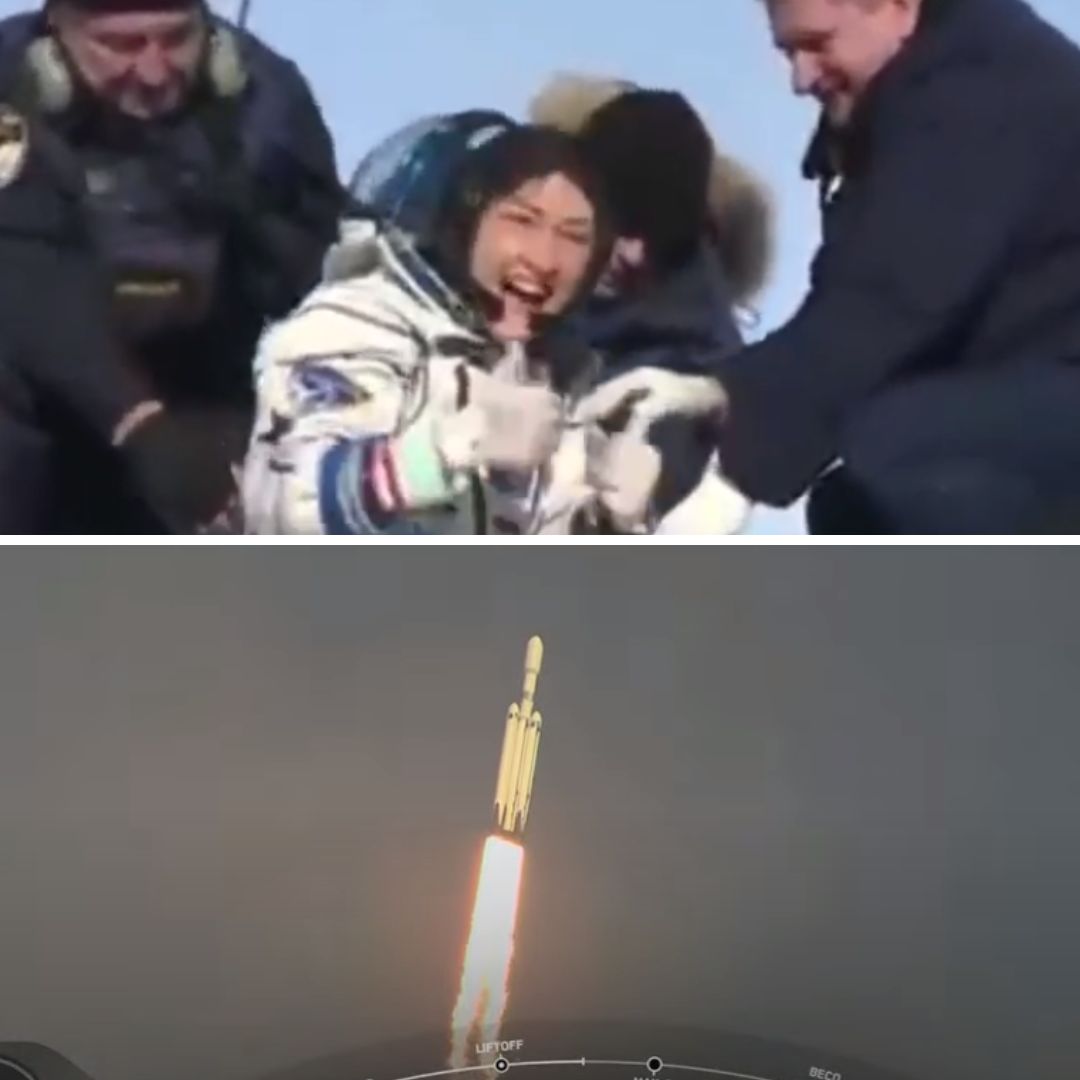 Gride das imagens da primeira astronauta mulher a ficar mais tempo no espaço e do lançamento do Falcon Heavy da SpaceX