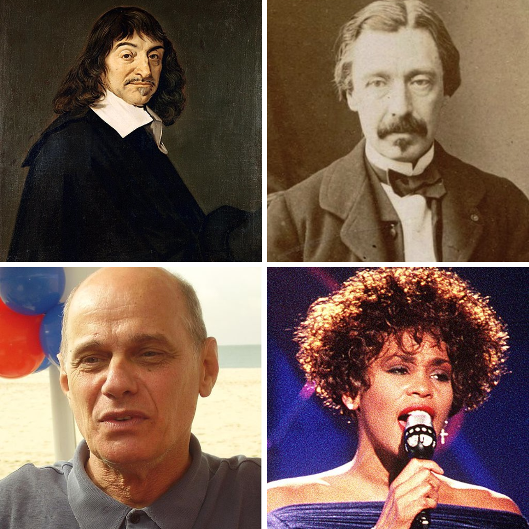 Gride de imagens com fotos de Descartes, Focault, Boechat e Whitney