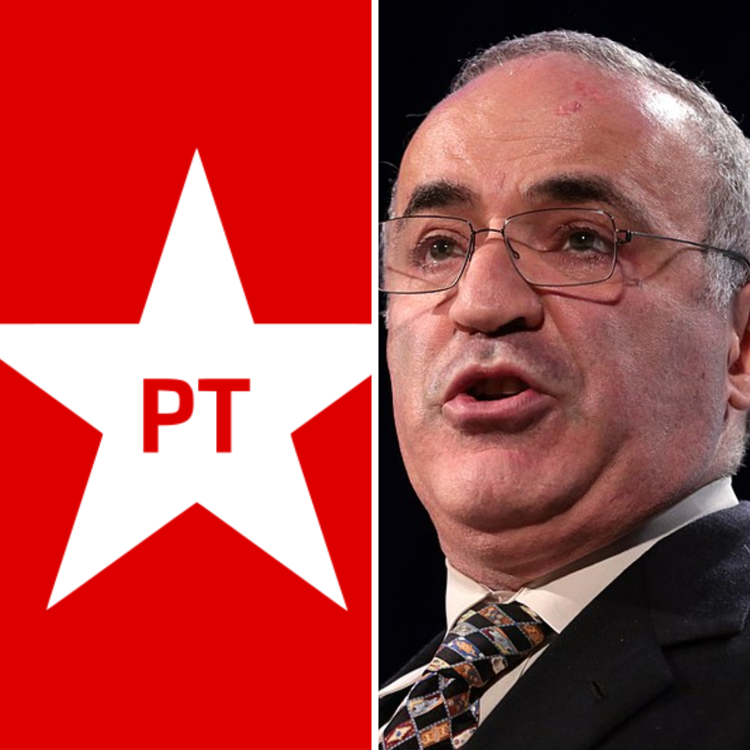 Gride de fotos com o logotipo do Partido dos Trabalhadores e Gatty Kasparov