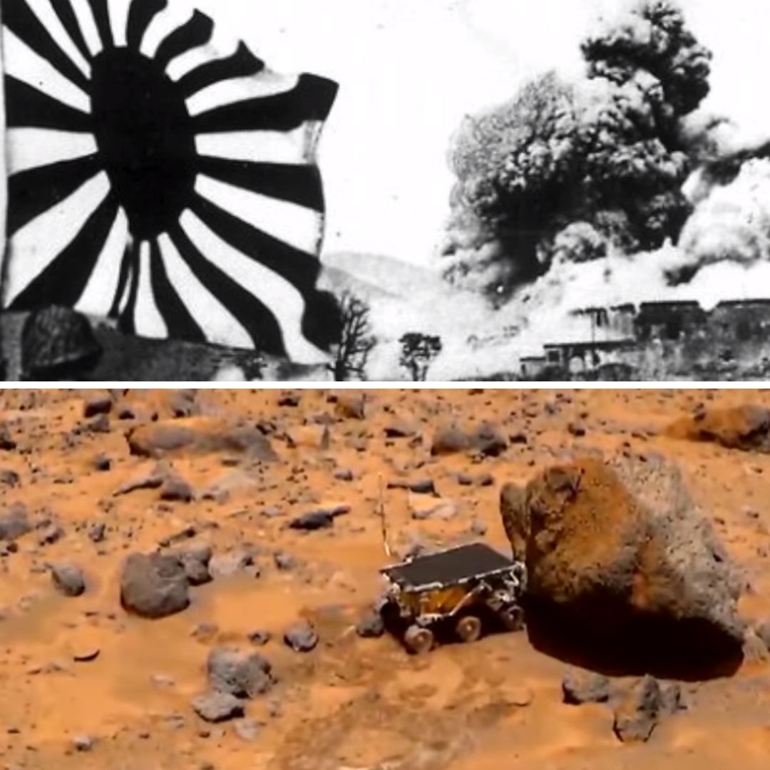 Gride das imagens da Segunda Guerra Mundial e da sonda espacial 2001 Mars Odissey em Marte