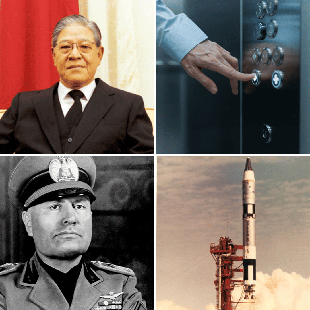 Gride de fotos: Lee Teng-hui - presidente Taiwan, pessoa apertando botão elevador, Benito Mussolini, Lançamento da Gemini III
