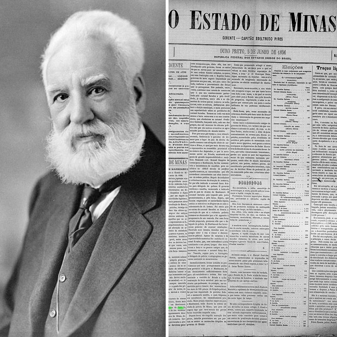 Grid com Alexander Graham Bell e o jornal O Estado de Minas.