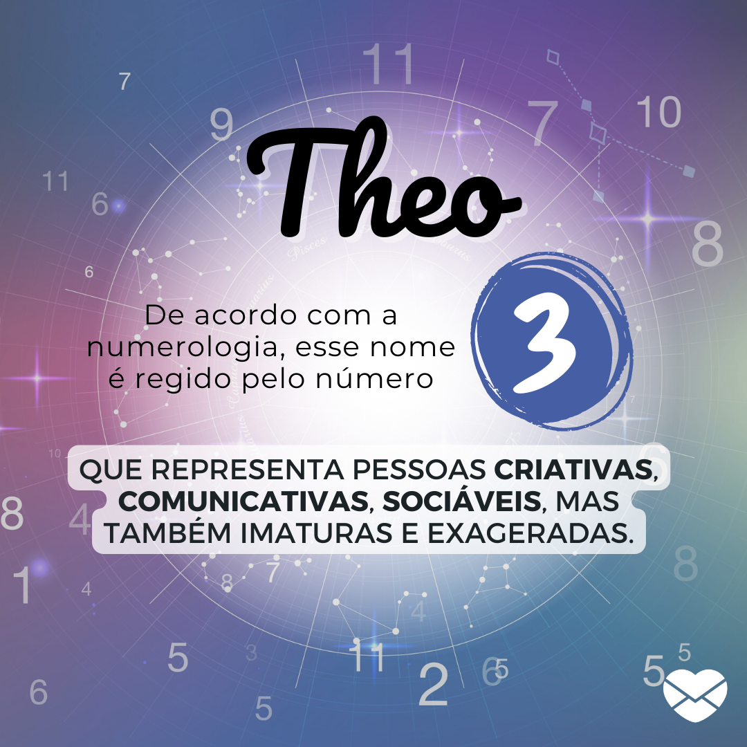 'Theo, de acordo com a numerologia, esse nome é regido pelo número 3 que representa pessoas criativas, comunicativas, sociáveis, mas também imaturas e exageradas.- Significado do nome Theo