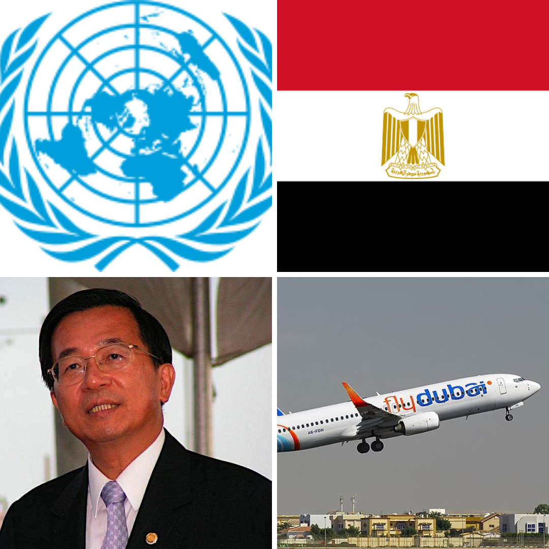 Logo da ONU, Bandeira do Egito, presidente taiwanês Chen Shui-bian e voo Flydubai 981