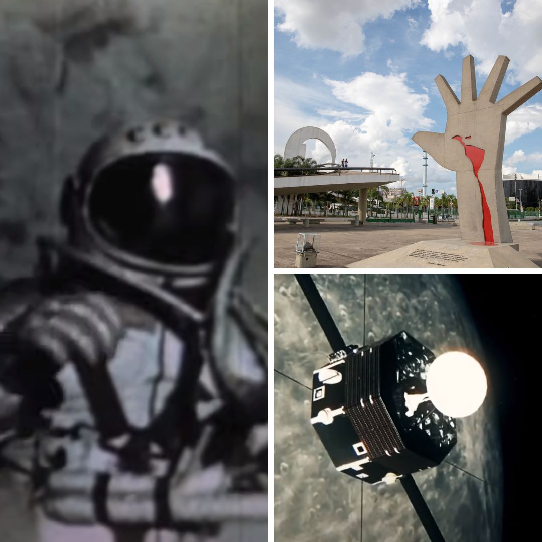 Gride das imagens da primeira caminhada do homem ao espaço, da sonda MESSENGER e do memorial da América Latina