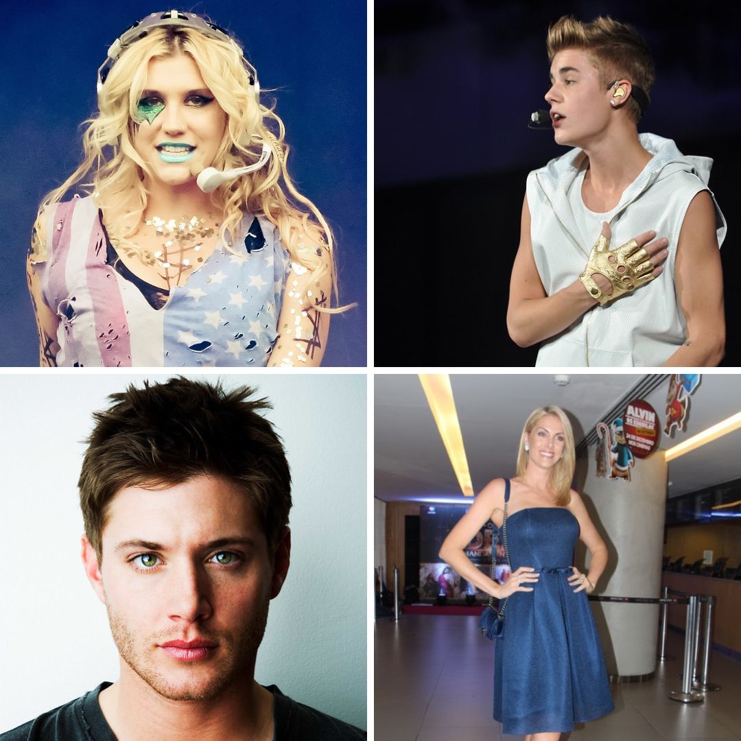 Gride das imagens da cantora Kesha, do cantor Justin Bieber, do ator Jensen Ackles e da apresentadora Ana Hickmann
