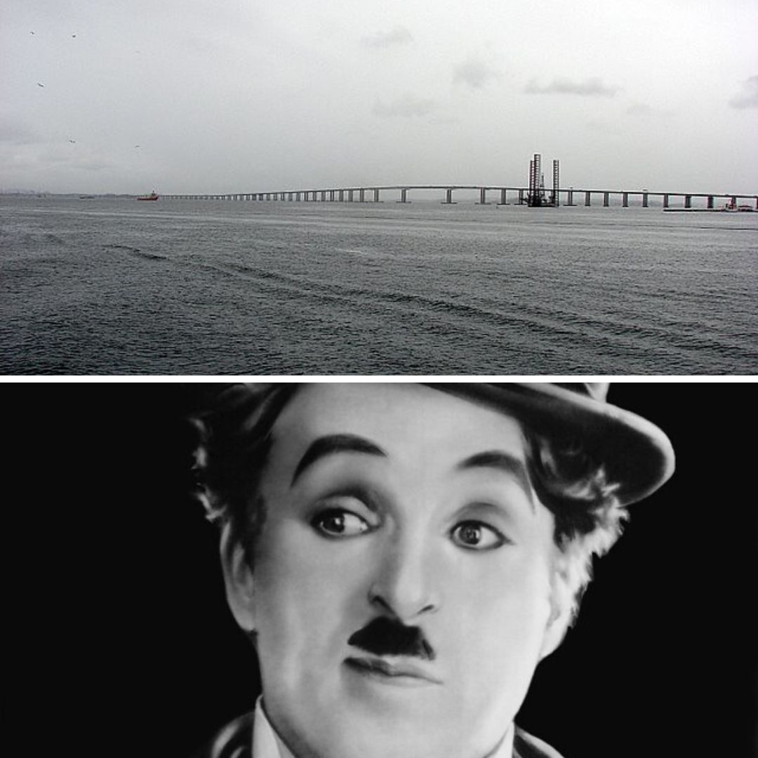 Imagem da ponte Rio-Niterói e de Charles Chaplin