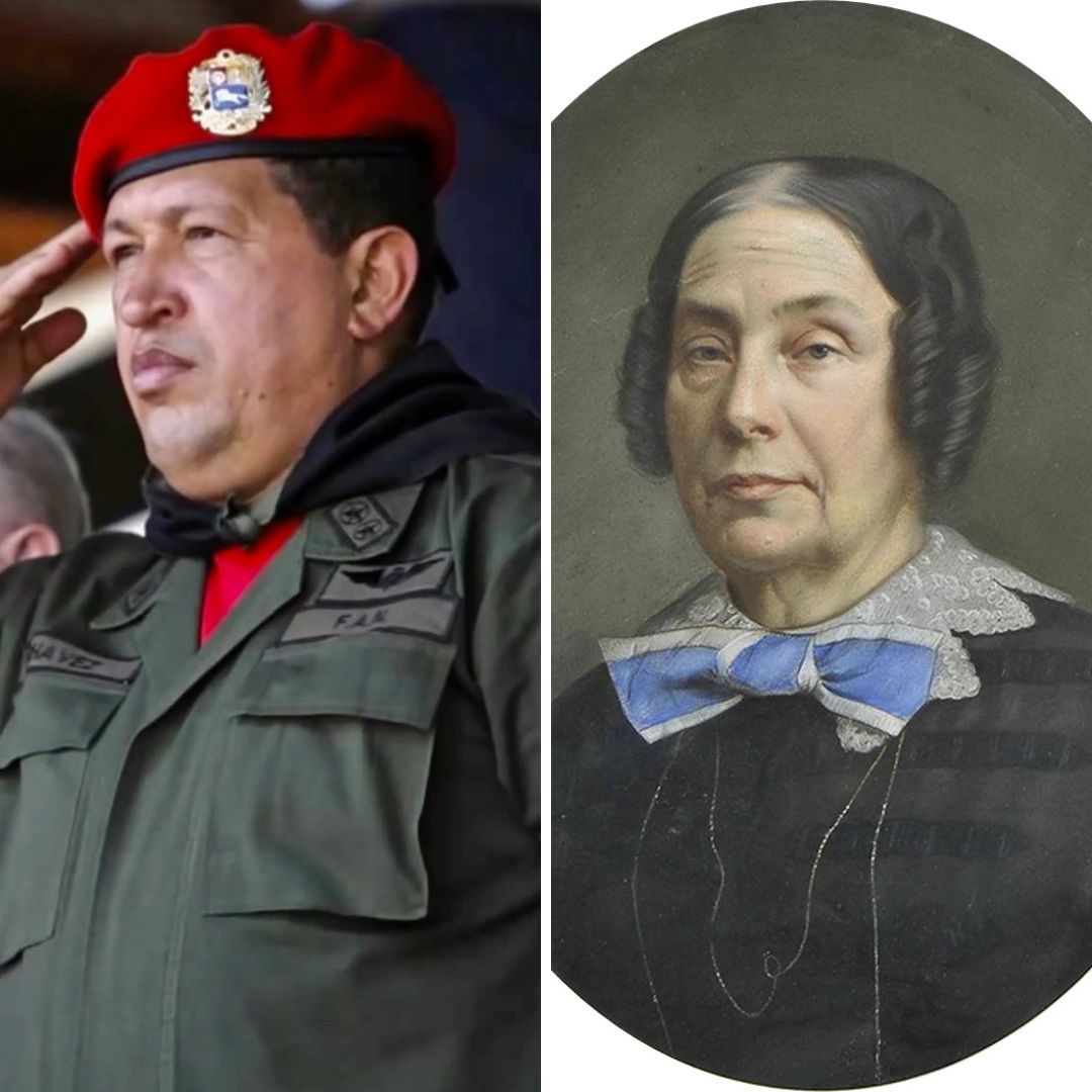 Gride da foto do Hugo Chávez e do retrato da baronesa Maria Benedita de Castro Canto e Melo