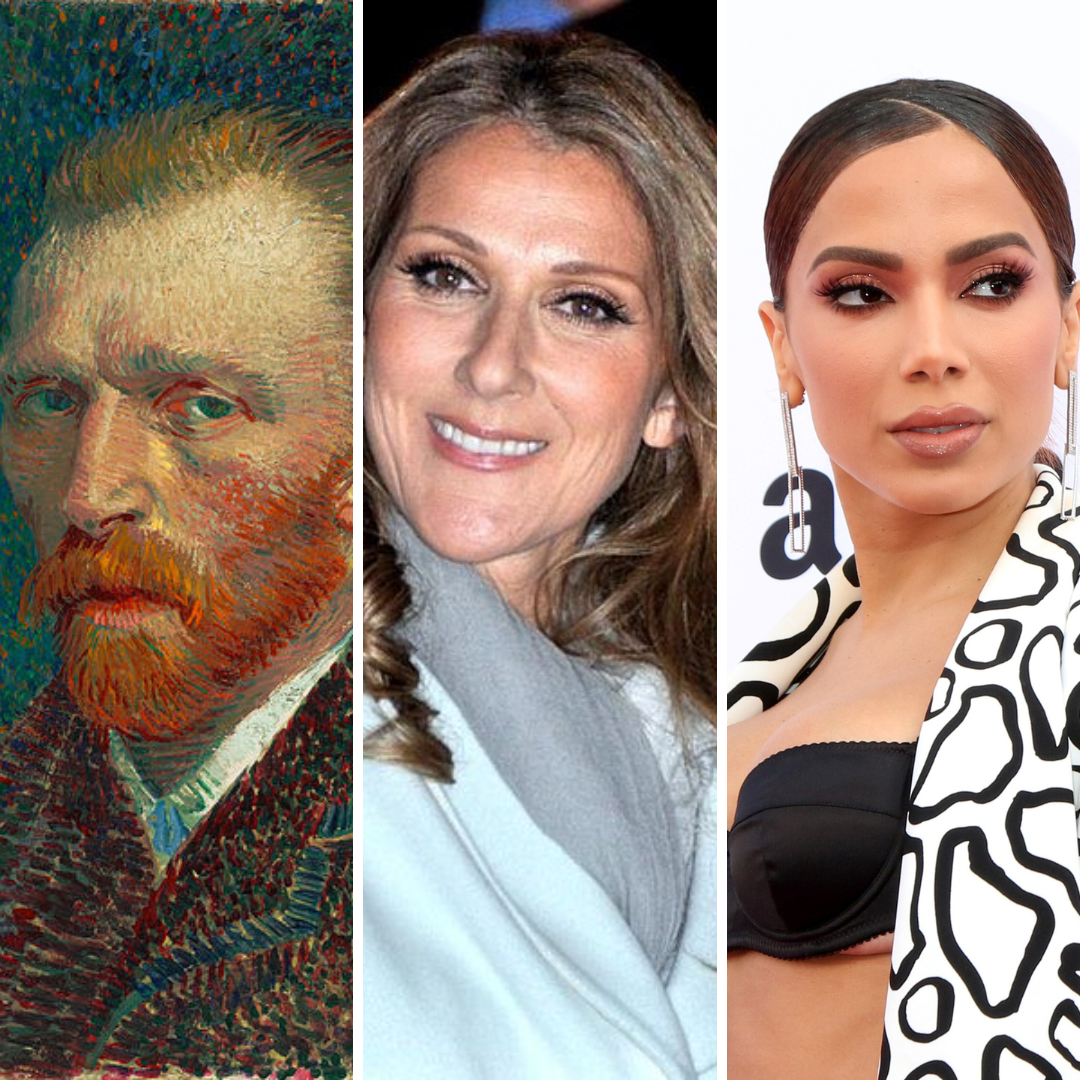 Gride de imagens com autoretrato de Van Gogh, fotos de Céline e Anitta