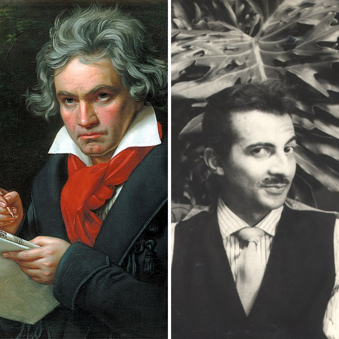 Grid de fotos com imagens de Beethoven e Jorge Loredo