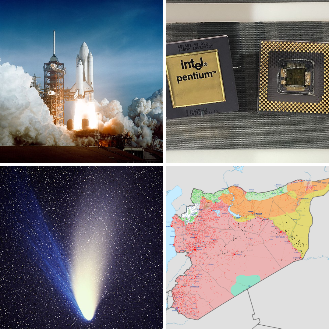 Foguete espacial Columbia, processador Pentium, cometa Hale-Bopp e mapa da Síria