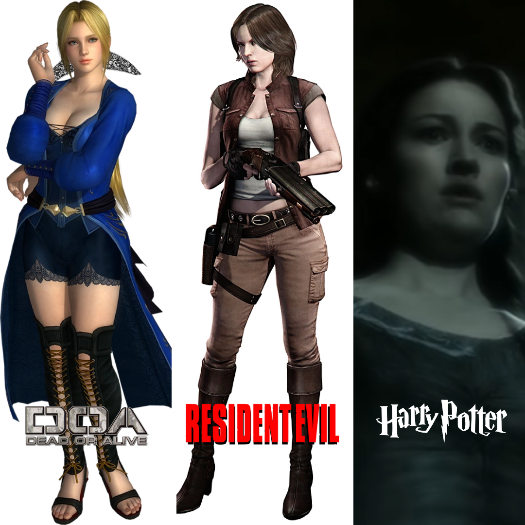Personagens Helena de Dead or alive, Resident Evil e Harry Potter.