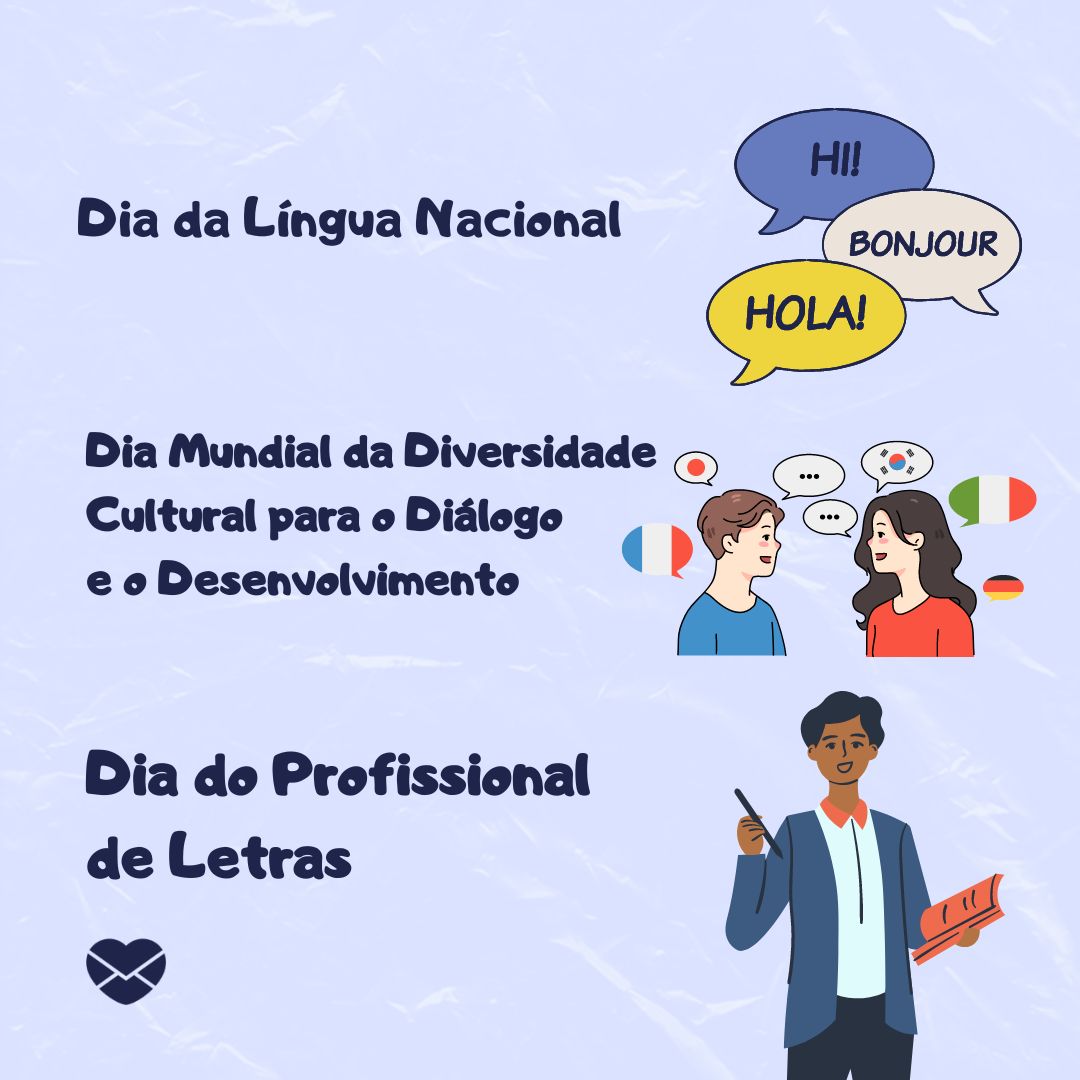 ' Dia da Língua Nacional. Dia Mundial da Diversidade Cultural para o Diálogo 
e o Desenvolvimento. Dia do Profissional de Letras.'-21 de maio