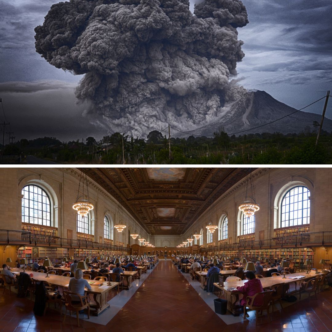 Gride das imagens de um vulcão em erupção e da Biblioteca Pública de Nova Iorque - 23 de maio