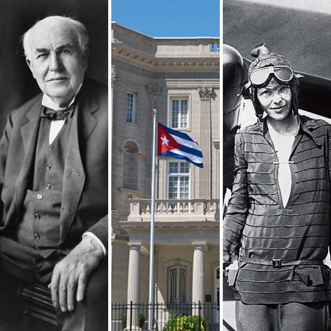 Grid de imagens com fotos de Thomas Edison, bandeira de Cuba e Amelia