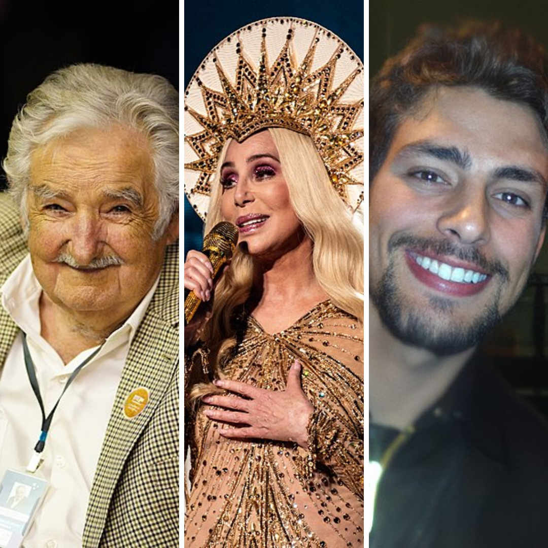 Grid de fotos com imagens de Mujica, Cher e Cauã.