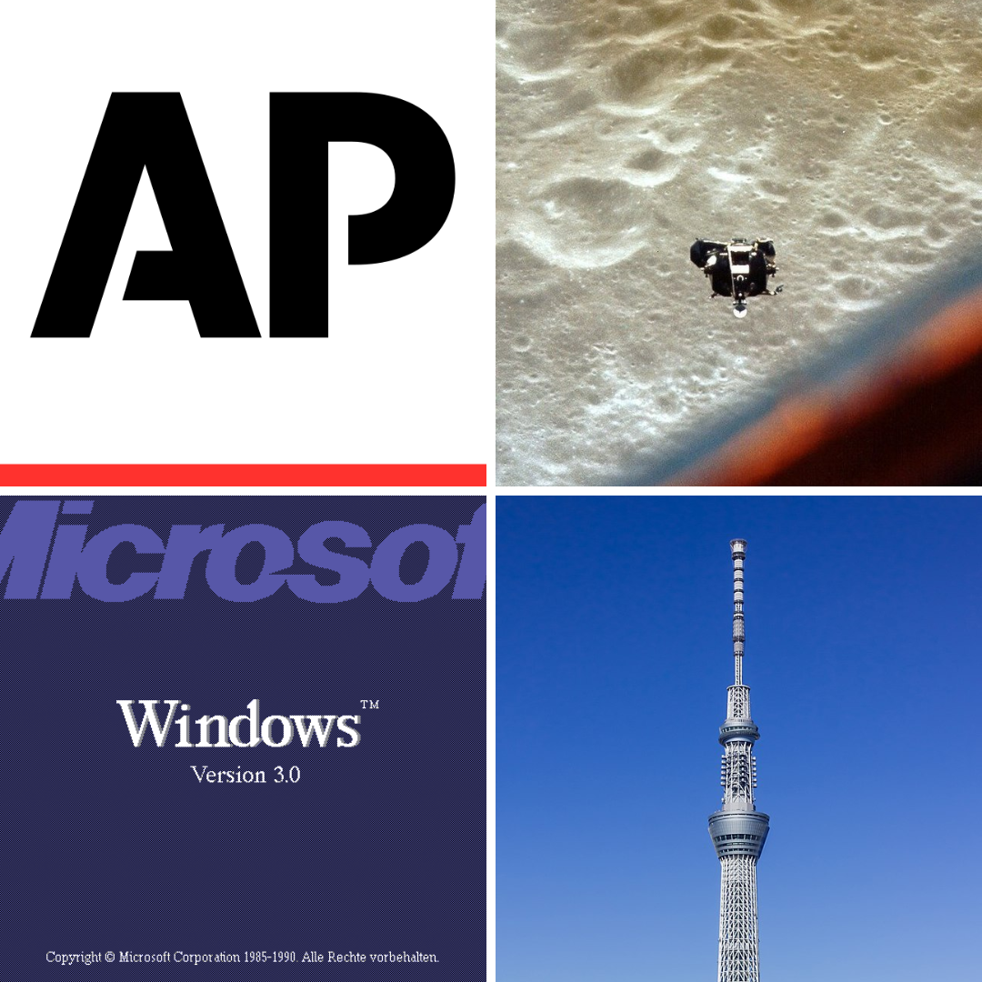 Logo da Associated Press, Apollo 10, tela do Windows 3 e Tokyo Skytree