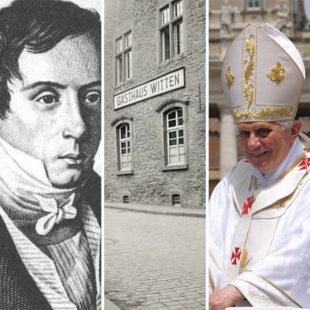 Grid de imagens com fotos de Augustin Fresel, rua de Bad Münstereifel e Papa Bento XVI