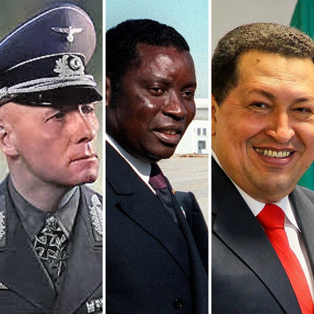Grid de imagens com fotos de  Hugo Chavez, Gnassingbé Eyadéma e  Erwin Rommel