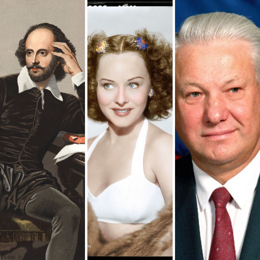 Gride das fotos e retratos de William Shakespeare, Paulette Goddard e Boris Yeltsin - 23 de abril