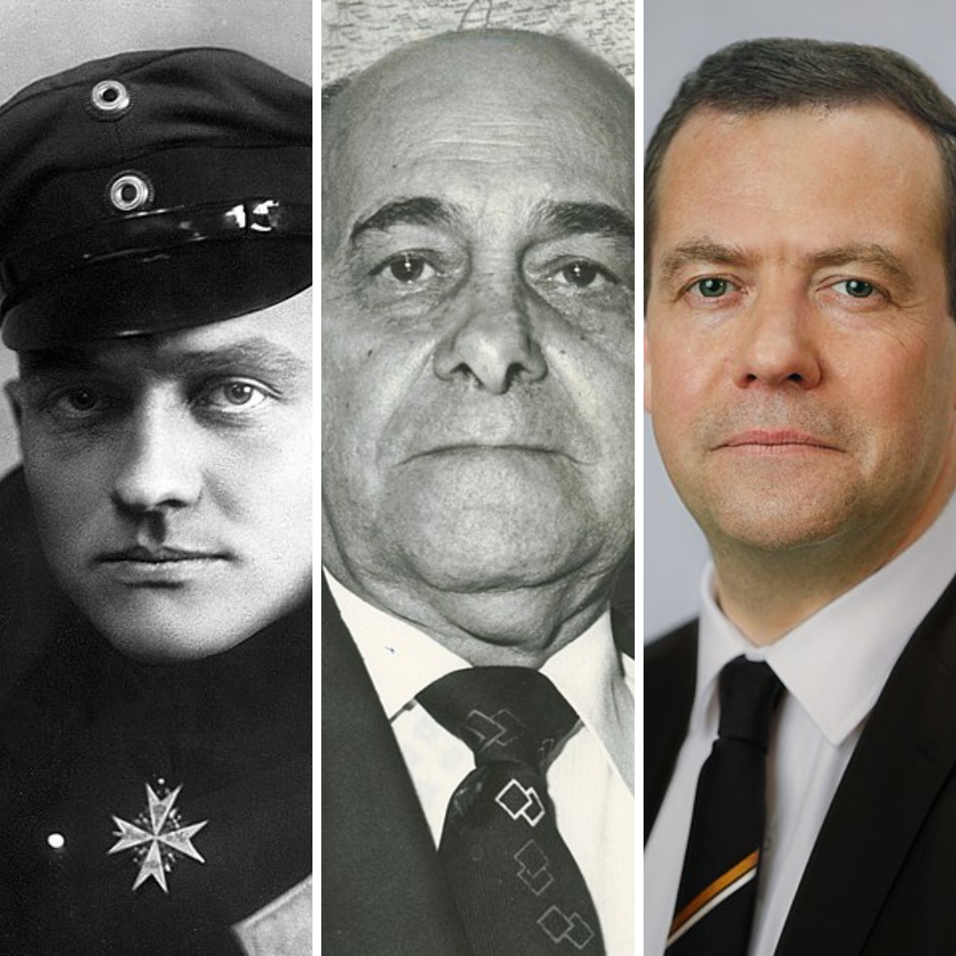 Grid de imagens com fotos de Manfred von Richthofen, Tancredo Neves e Dmitri Medvedev