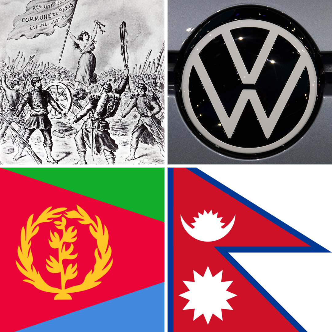 Desenho simbolizando a Comuna de Paris, símbolo da Wolskwagen, bandeira da Eritreia e do Nepal