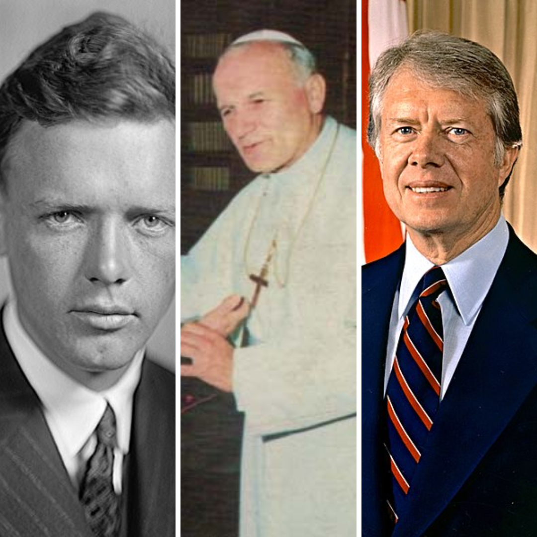 Grid de imagens com fotos de Charles Lindbergh, Papa João Paulo e Jimmy Carter